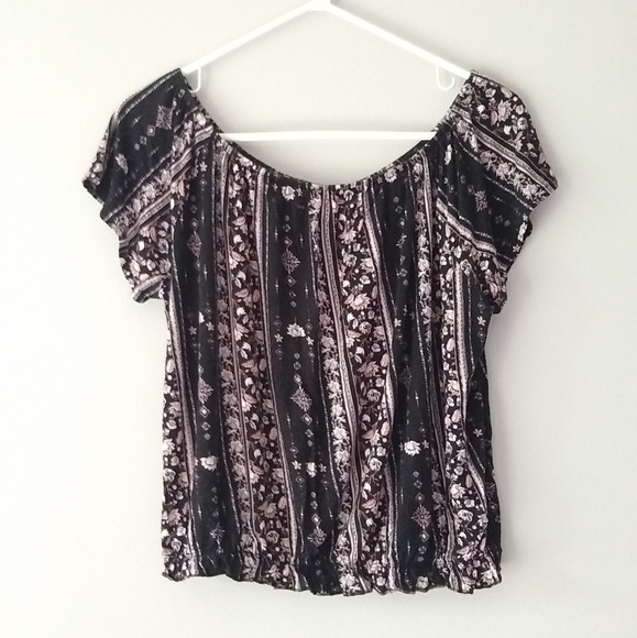 Mudd Crop Top Cap Sleeve Floral Stripe Black Pink White Scoop Neck Large - Picture 3 of 11